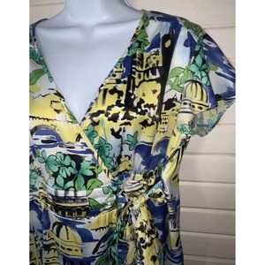 JM Collection Sz PETITES 14 14P True Wrap Blouse Top Mediterranean Village EUC